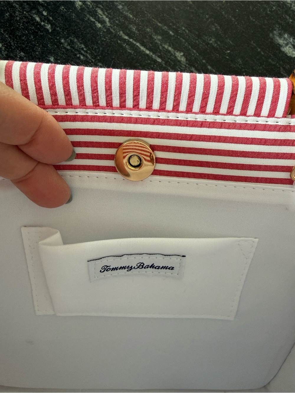 TOMMY BAHAMA Red Striped Tote with Bamboo Handles, NWTs - Picture 8 of 9